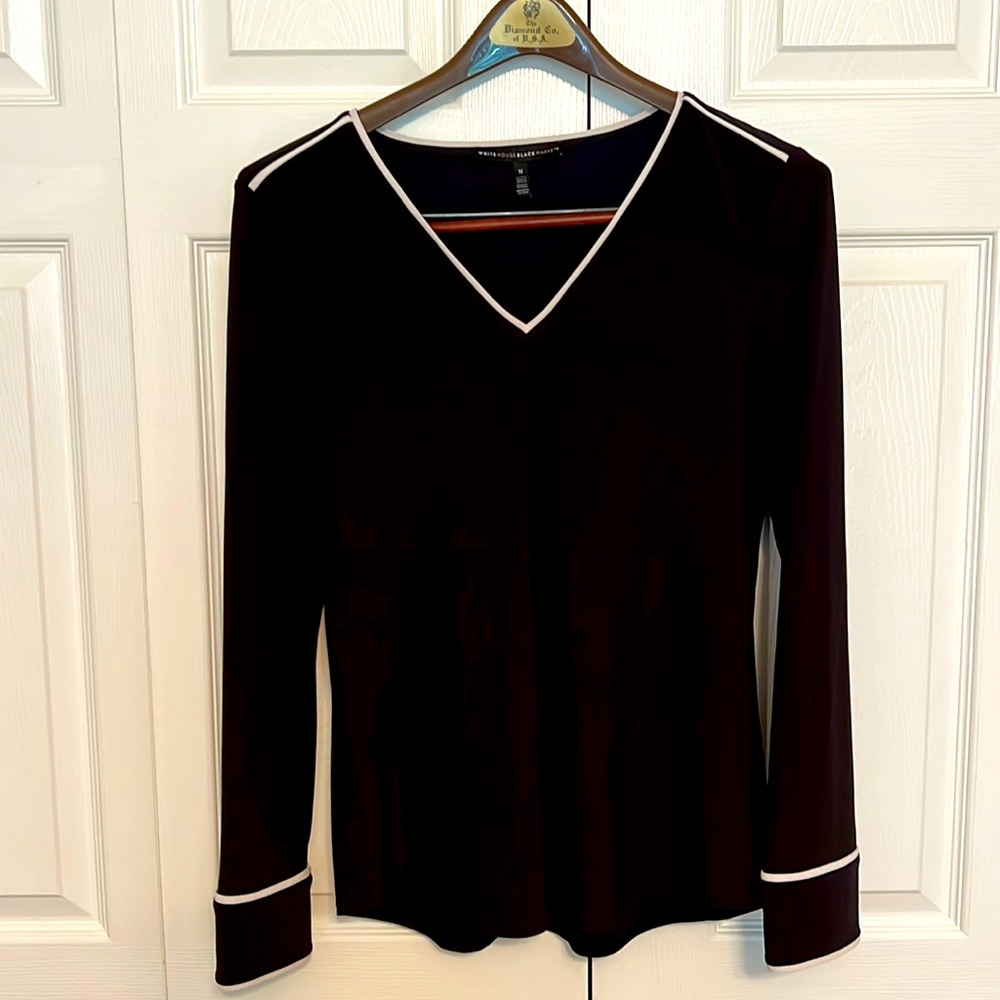 White House Black Market Black V-Neck Top with White Trim